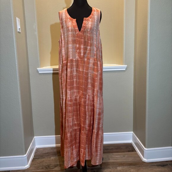 🧡 J.Jill Ibiza Tiered Orange Tie Dye Maxi Sleeveless Sun Dress XL - Picture 2 of 9